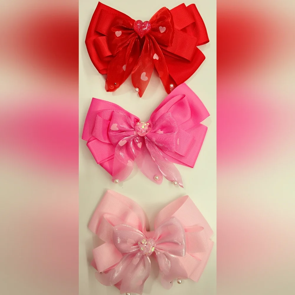 6- Hair Bows  - Red, Pink, Light Pink